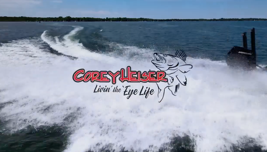 The Corey Heiser "Livin' the 'Eye Life" logo displayed over a trail of white water from the back of a boat.